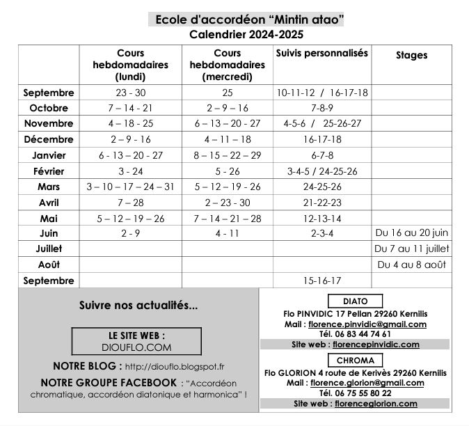 Calendrier des cours et stages